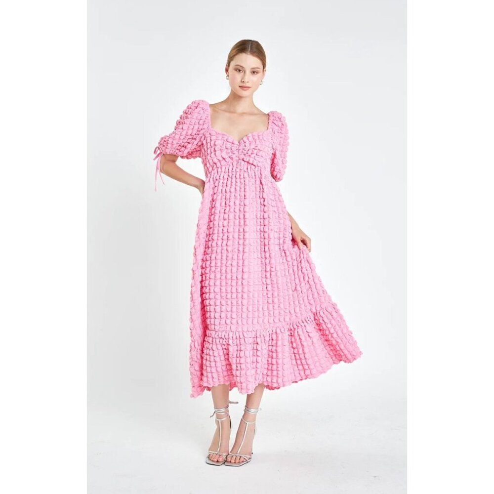 Anthropologie Pink Textured Puff-Sleeve Midi Dress